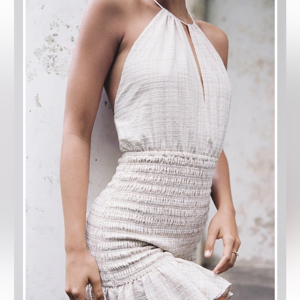 SIGNIFICANT OTHER ARIES SMOCKED CHECKERED MINI DRESS, Size 4, Almond Color